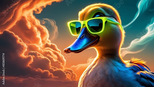 there is a duck wearing sunglasses and a yellow sunglasses, Quirky duck with sunglasses ideal for summer designs and vacationthemed projects, adding a fun and playful touch to your creations. photo