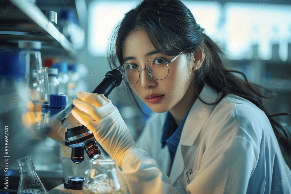 Focused young Asian female scientist closely examining chemical reactions using a microscope and glassware in the laboratory Focused young Asian female scientist closely examining chemical reactions using a microscope and glassware in the laboratory