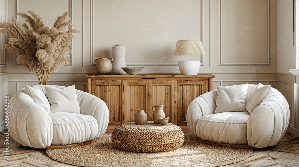 Interior with wooden cabinet and armchairs 3d rendering Interior with wooden cabinet and armchairs 3d rendering