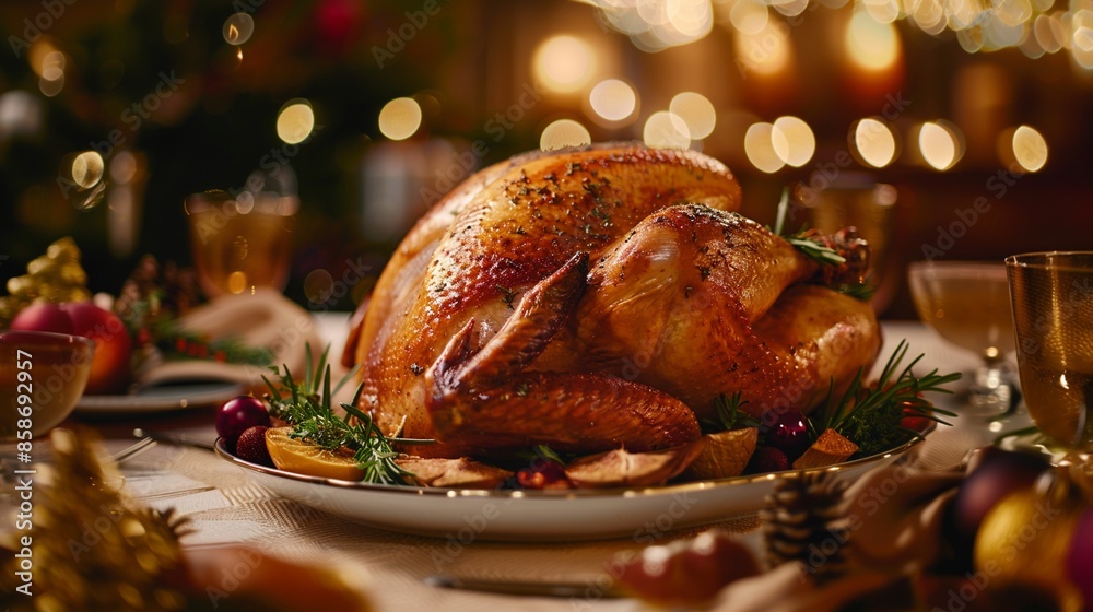 Roasted turkey garnished with aromatic herbs, citrus and cranberries, served on festive table decor for Thanksgiving dinner, evoking warm holiday atmosphere Roasted turkey garnished with aromatic herbs, citrus and cranberries, served on festive table decor for Thanksgiving dinner, evoking warm holiday atmosphere