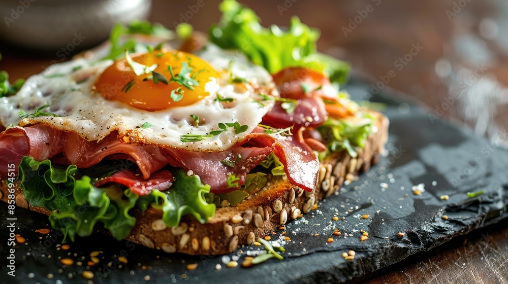 Breakfast photo of a homemade open sandwich with lunch meat and lettuce Breakfast photo of a homemade open sandwich with lunch meat and lettuce
