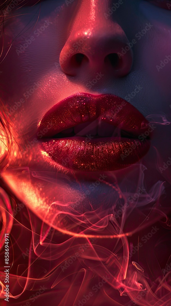 red lips close up, very textured, black background, pink smoke around - generative ai red lips close up, very textured, black background, pink smoke around - generative ai