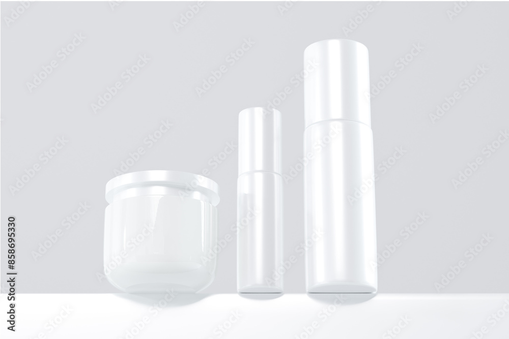 3D Rendering Mockup of Isolated White Cosmetic Bottles and Containers on a White Background 3D Rendering Mockup of Isolated White Cosmetic Bottles and Containers on a White Background