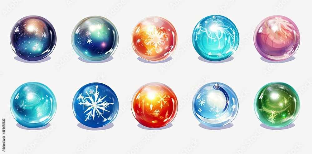 transparent background christmas clipart featuring a variety of colorful balls, including blue, red, white, and blue - and - white balls, as well as a white snowflake