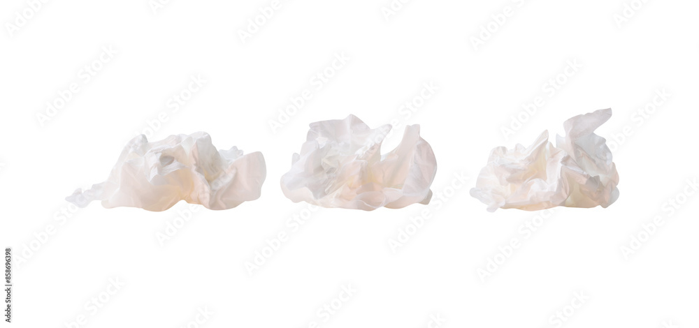Front view set of screwed or crumpled tissue paper balls after use in toilet or restroom isolated with clipping path in png file format Front view set of screwed or crumpled tissue paper balls after use in toilet or restroom isolated with clipping path in png file format