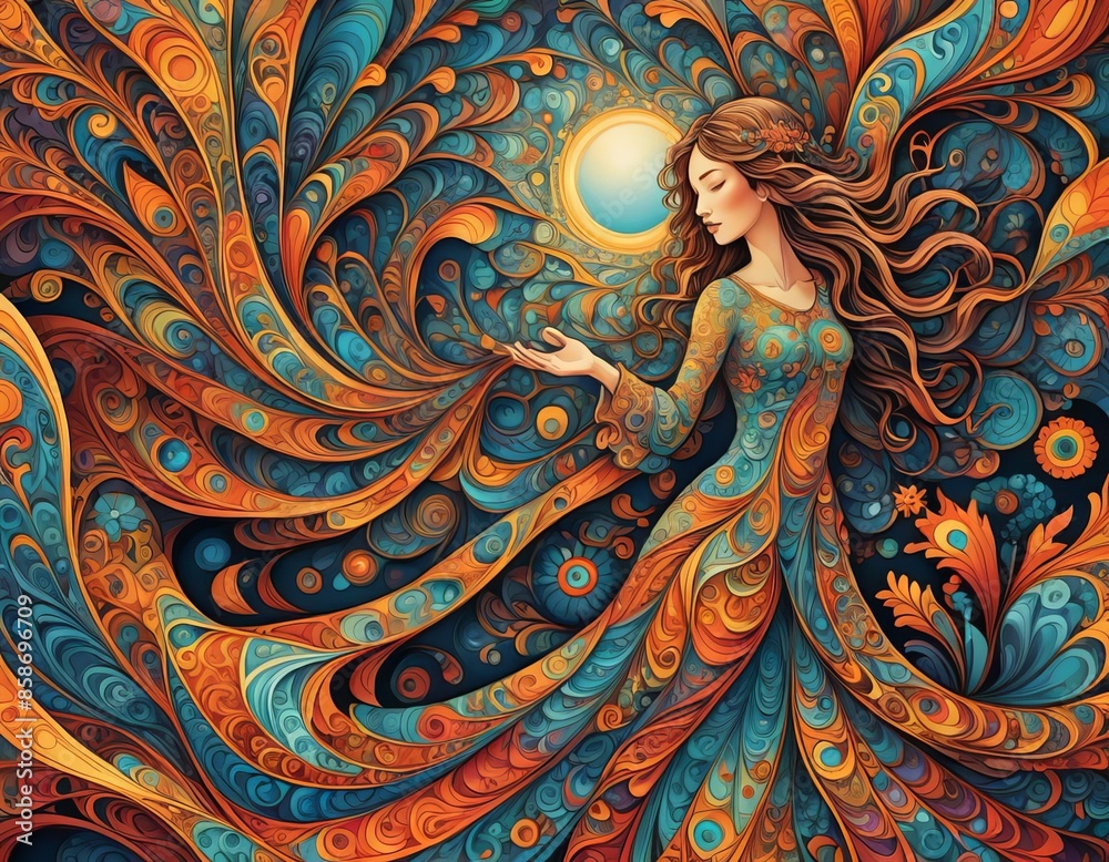 Obraz premium An illustration of a woman with moon and swirling orange and blue pattern. 
