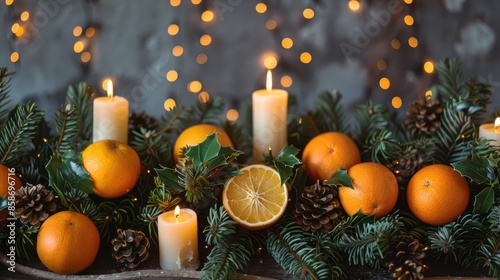 Christmas and New Year themed festive decor with spruce garlands candles and oranges Suitable for text and messages