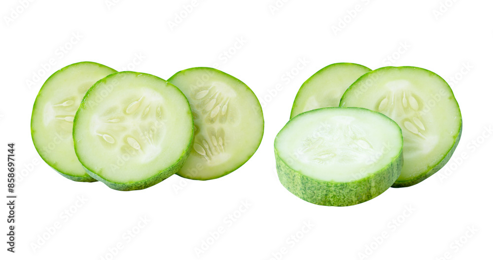 Top view set of green cucumber slices in stack isolated on white background with clipping path Top view set of green cucumber slices in stack isolated on white background with clipping path