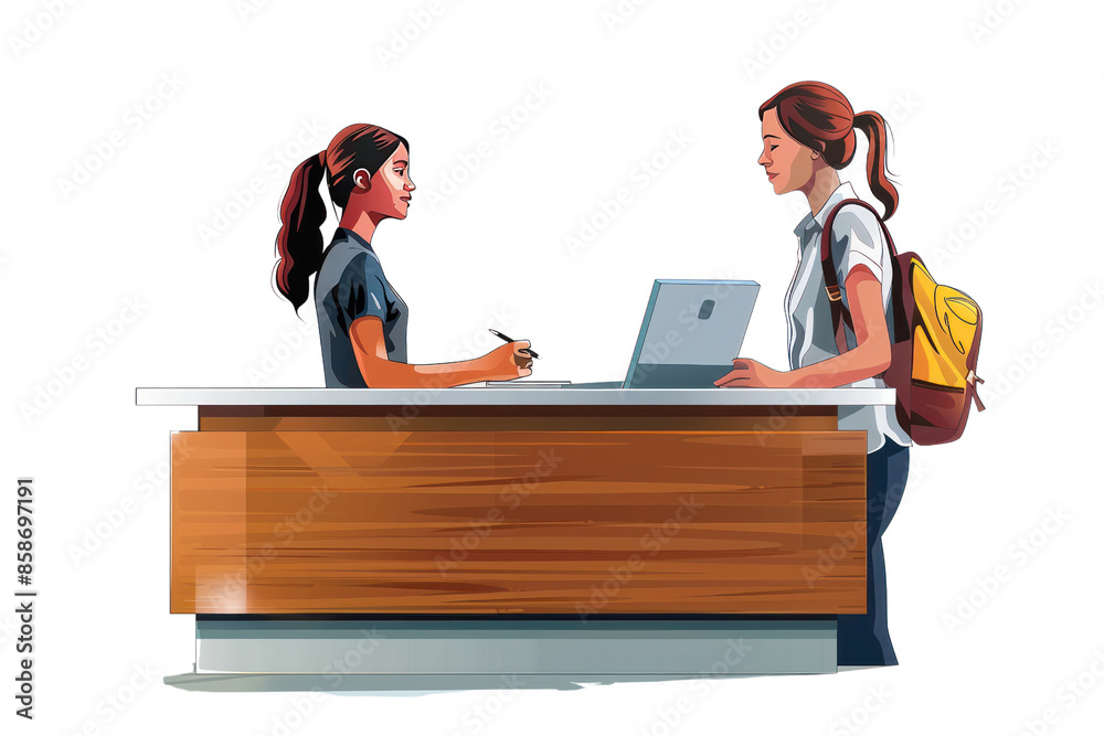 Illustration of two women at a reception desk, one with a laptop and the other holding a notebook, depicting an office interaction. Illustration of two women at a reception desk, one with a laptop and the other holding a notebook, depicting an office interaction.