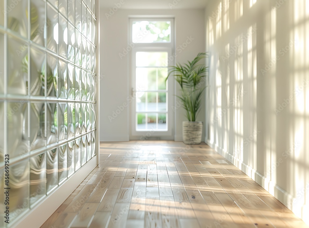 Beautiful modern Dutch home interior with glass blocks, wooden floor and white walls, light from the window on one side of the room Beautiful modern Dutch home interior with glass blocks, wooden floor and white walls, light from the window on one side of the room