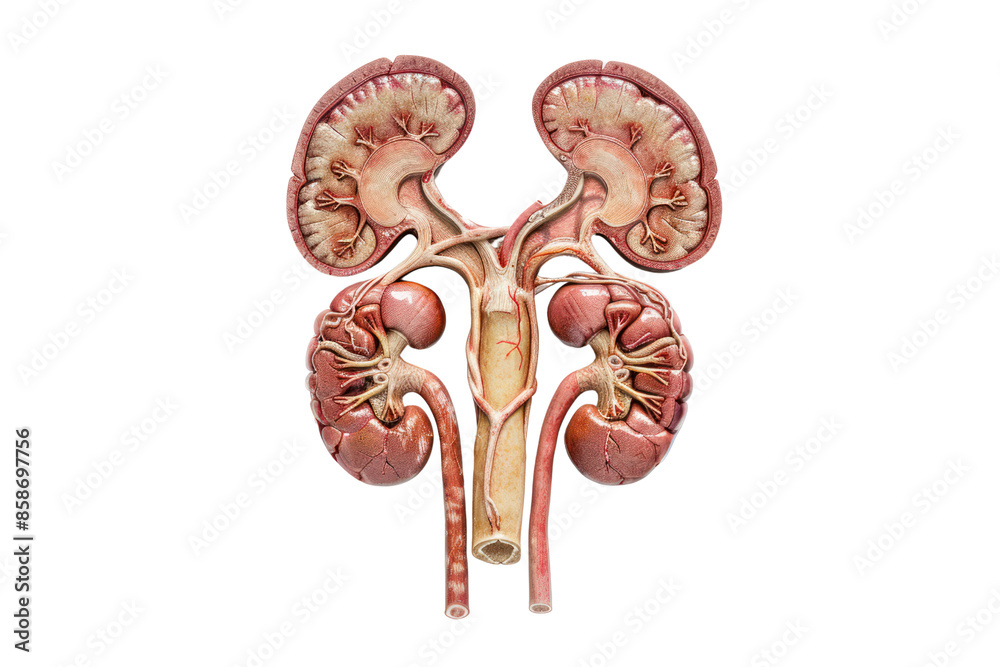 Detailed medical illustration of human kidneys and renal system ...