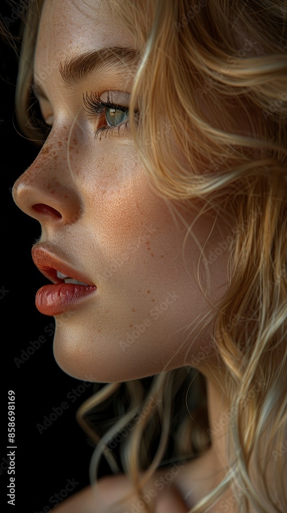 Close up of a woman's face, shown in side profile view, displaying her tongue and lips. Her skin has a very pinkish color with a light brown skin tone. The skin texture is smooth - generative ai Close up of a woman's face, shown in side profile view, displaying her tongue and lips. Her skin has a very pinkish color with a light brown skin tone. The skin texture is smooth - generative ai