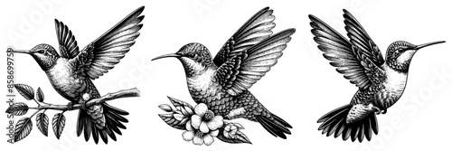 hummingbird isolated white background in vector engrave black and white.