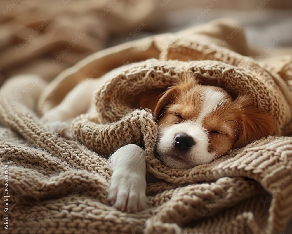 The playful puppy peacefully napping on a soft blanket. The playful puppy peacefully napping on a soft blanket.