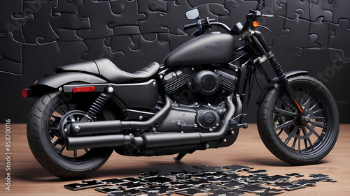 un vélo électrique, dans un atelier de réparation équipé avec un établi et des outils, une ambiance sombre mais éclairé par une lumière LED de couleur verte, dans une ambiance futuriste