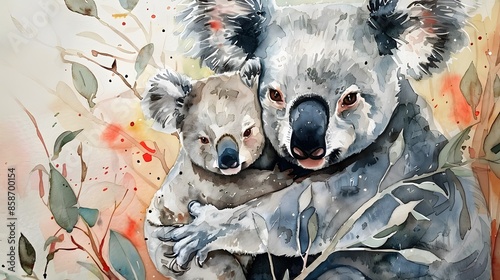 Koala and her baby watercolor painting.  photo