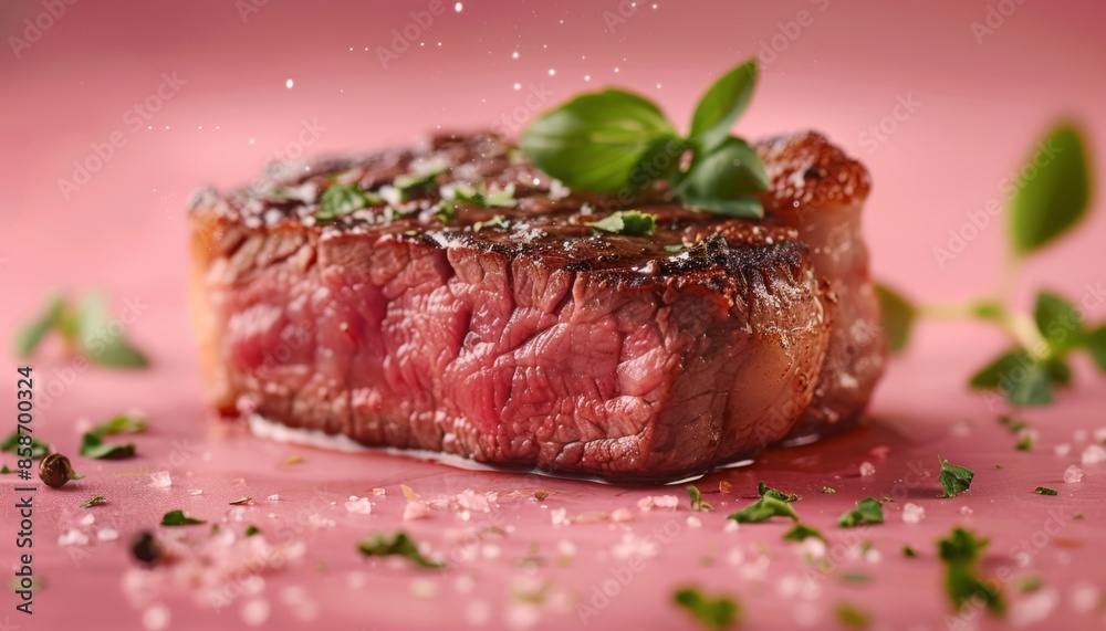 A Steak on pastel background with space above for text A Steak on pastel background with space above for text