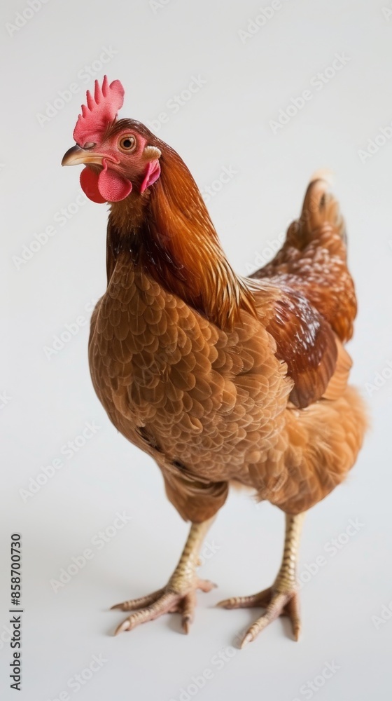 Fototapeta premium Brown hen on white background, studio shot. Poultry farm concept
