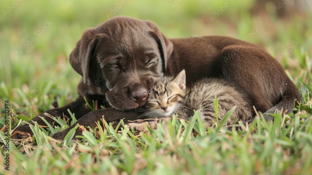 Chocolate Lab puppy cuddles kitten on grass Chocolate Lab puppy cuddles kitten on grass