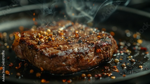 Sizzling Grilled Steak with Peppercorns in Cast Iron Pan photo