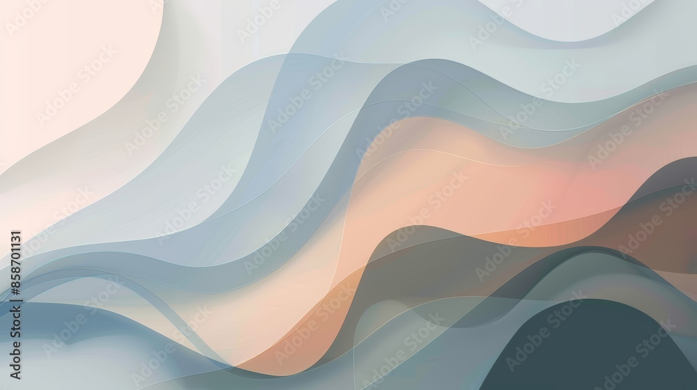 Fototapeta premium Abstract background with flowing, layered waves in muted tones of blue, pink, and brown.
