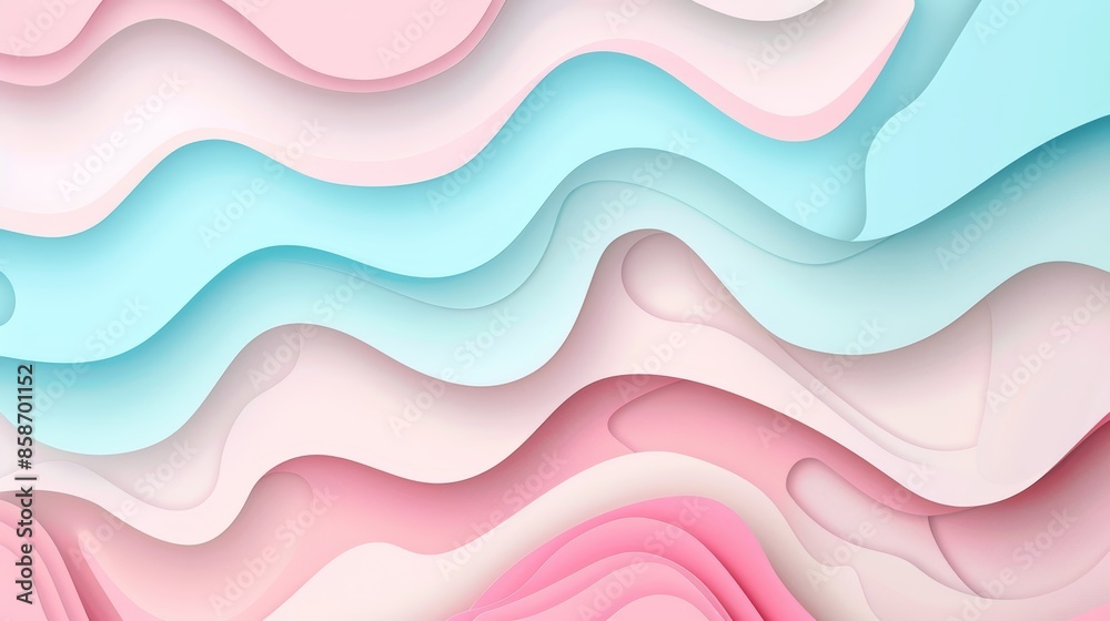 Abstract background with pastel pink, blue, and white wavy shapes.