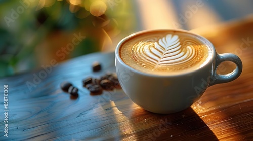 Artistic shot of a coffee cup with latte art featuring intricate foam designs. photo
