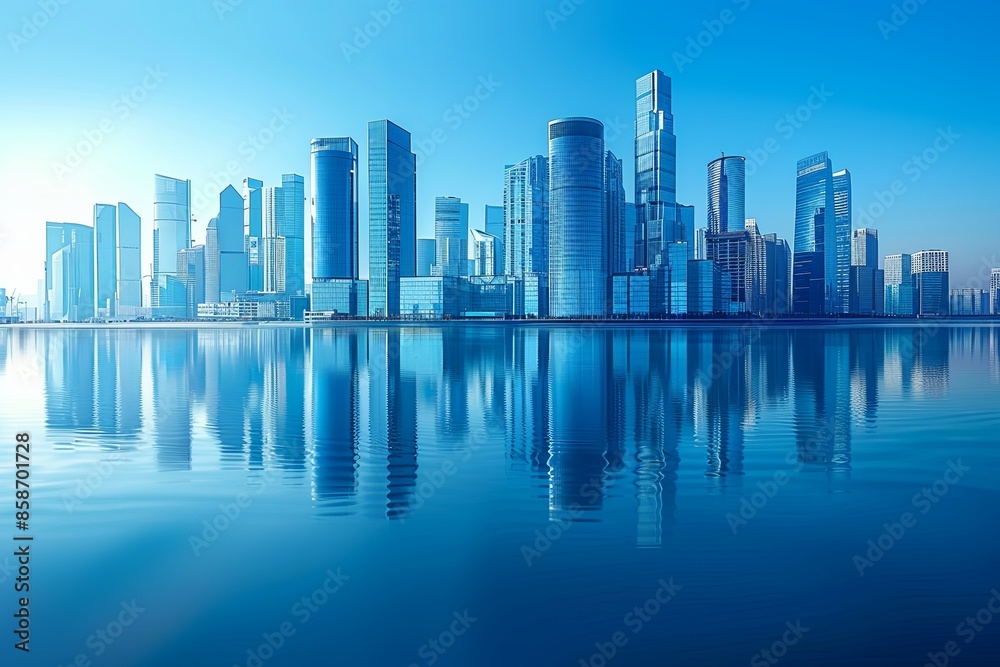 Modern city skyline with skyscrappers and reflection created with Generative AI