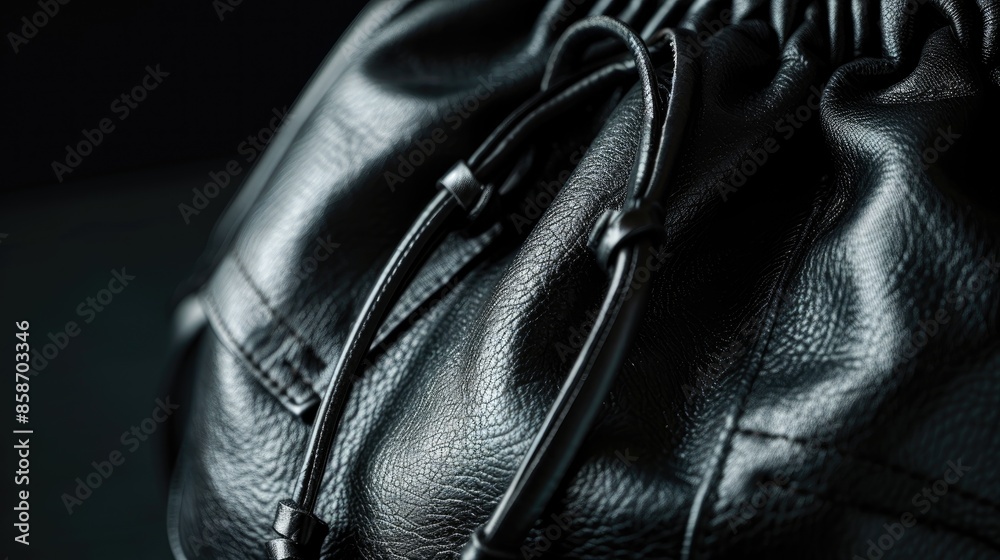 Luxurious black leather drawstring or bucket bag in retro style minimalist design With isolated background close up shot Luxurious black leather drawstring or bucket bag in retro style minimalist design With isolated background close up shot