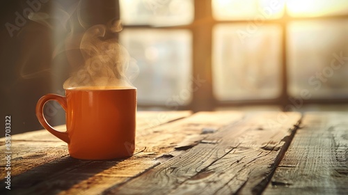 Warm Morning Coffee in Rustic Setting Lit by Golden Sunrise photo