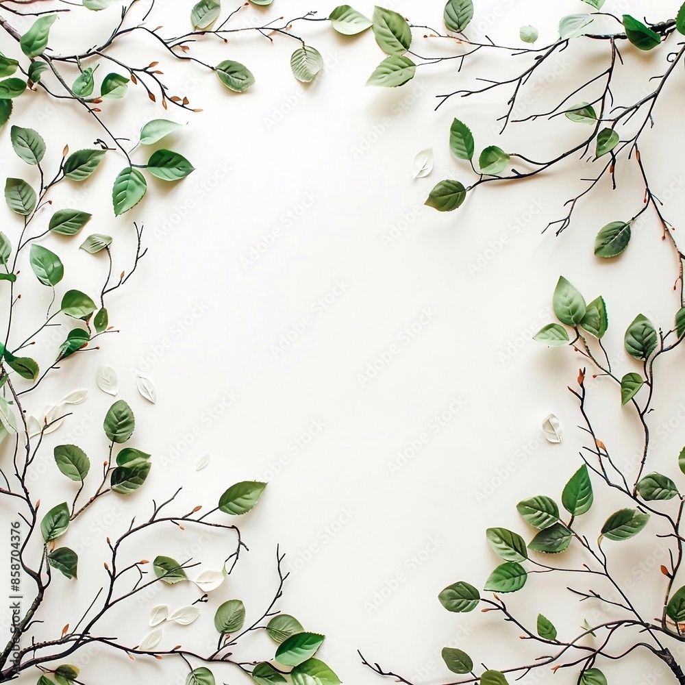 Fototapeta premium Frame of branches and leaves on a white background.