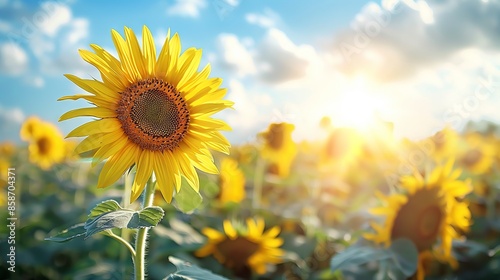 Golden Sunflower Field Under a Bright and Clear Sky at Sunset