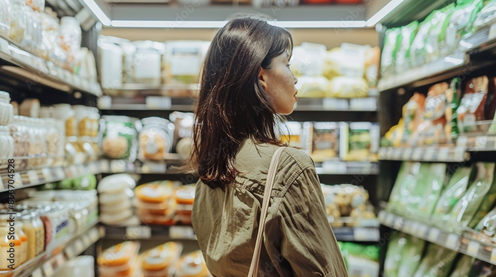Consumer choosing between plant-based and cultured meat products in a grocery store setting. The image showcases the increasing availability of alternative protein sources. Consumer choosing between plant-based and cultured meat products in a grocery store setting. The image showcases the increasing availability of alternative protein sources.