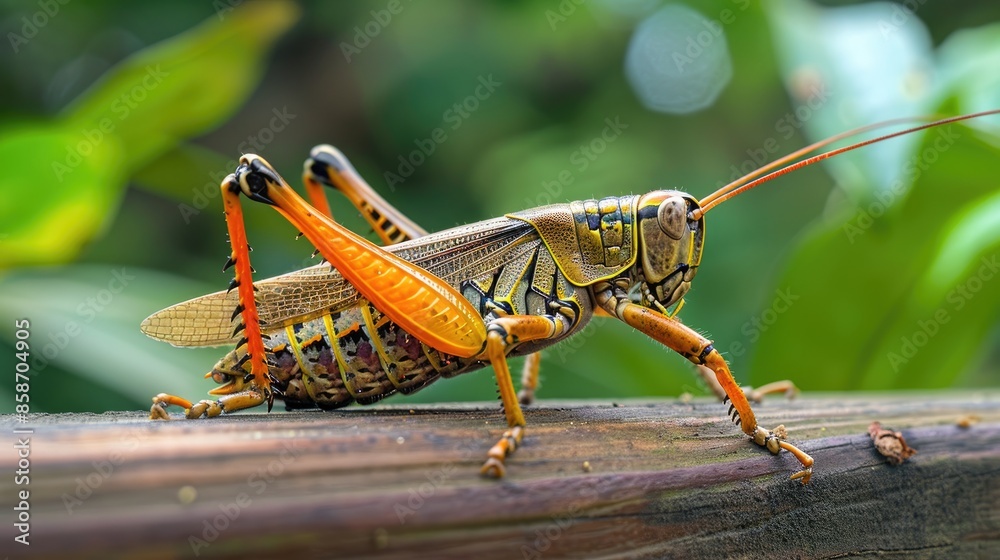 Fototapeta premium Large grasshopper on wooden railing with side view in macro photography