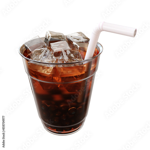 3d illustration of cold iced tea in a plastic wrap cup. Drink elements isolated on background