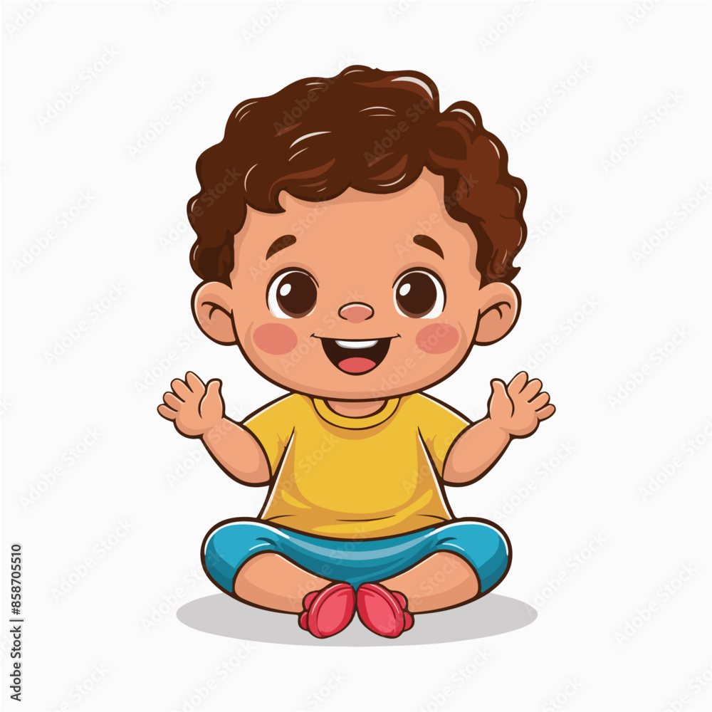 Vector Cartoon Toddler Sitting and Smiling in Yellow Shirt and Blue Pants Vector Cartoon Toddler Sitting and Smiling in Yellow Shirt and Blue Pants