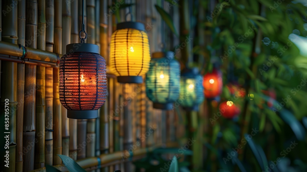 Obraz premium Colorful Lanterns Adorn a Bamboo Fence in a Serene Garden Setting