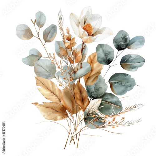 A watercolor illustration of a bouquet of white flowers and eucalyptus leaves in shades of beige and green. #858706114