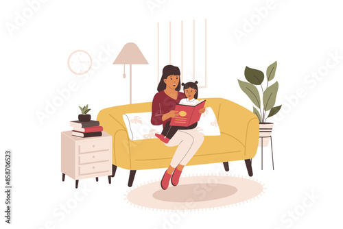 Mom reading book for daughter. Illustration for websites, landing pages, mobile apps, posters and banners. Trendy flat vector illustration