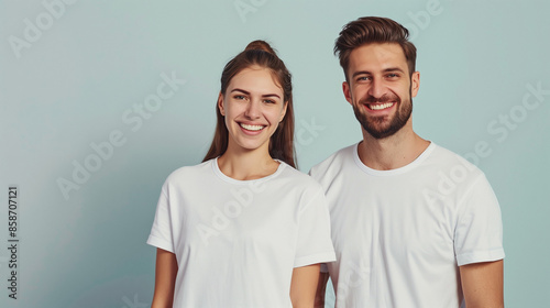 cheerful young couple in white t-shirts on a light background, logo