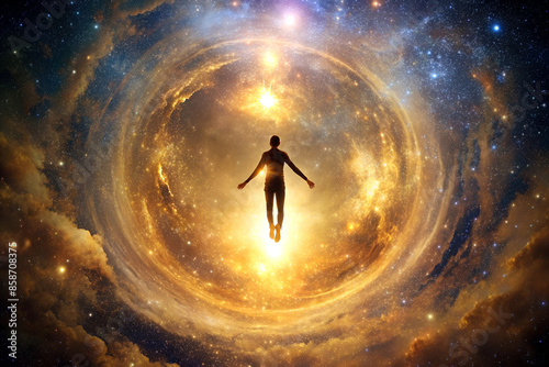 A human silhouette floating in the galaxy. there is a golden light of the center backdrop,