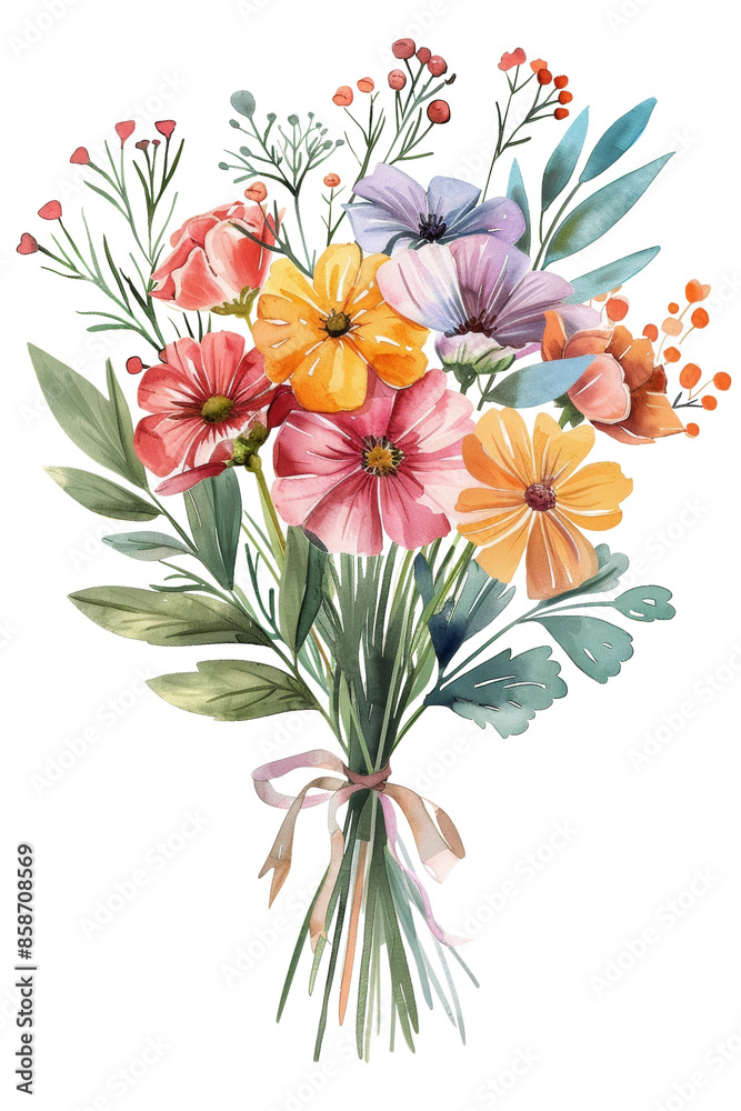 A vibrant bouquet of colorful flowers tied with a pink ribbon. The flowers are arranged in a symmetrical way, with the stems forming a V shape. A vibrant bouquet of colorful flowers tied with a pink ribbon. The flowers are arranged in a symmetrical way, with the stems forming a V shape.