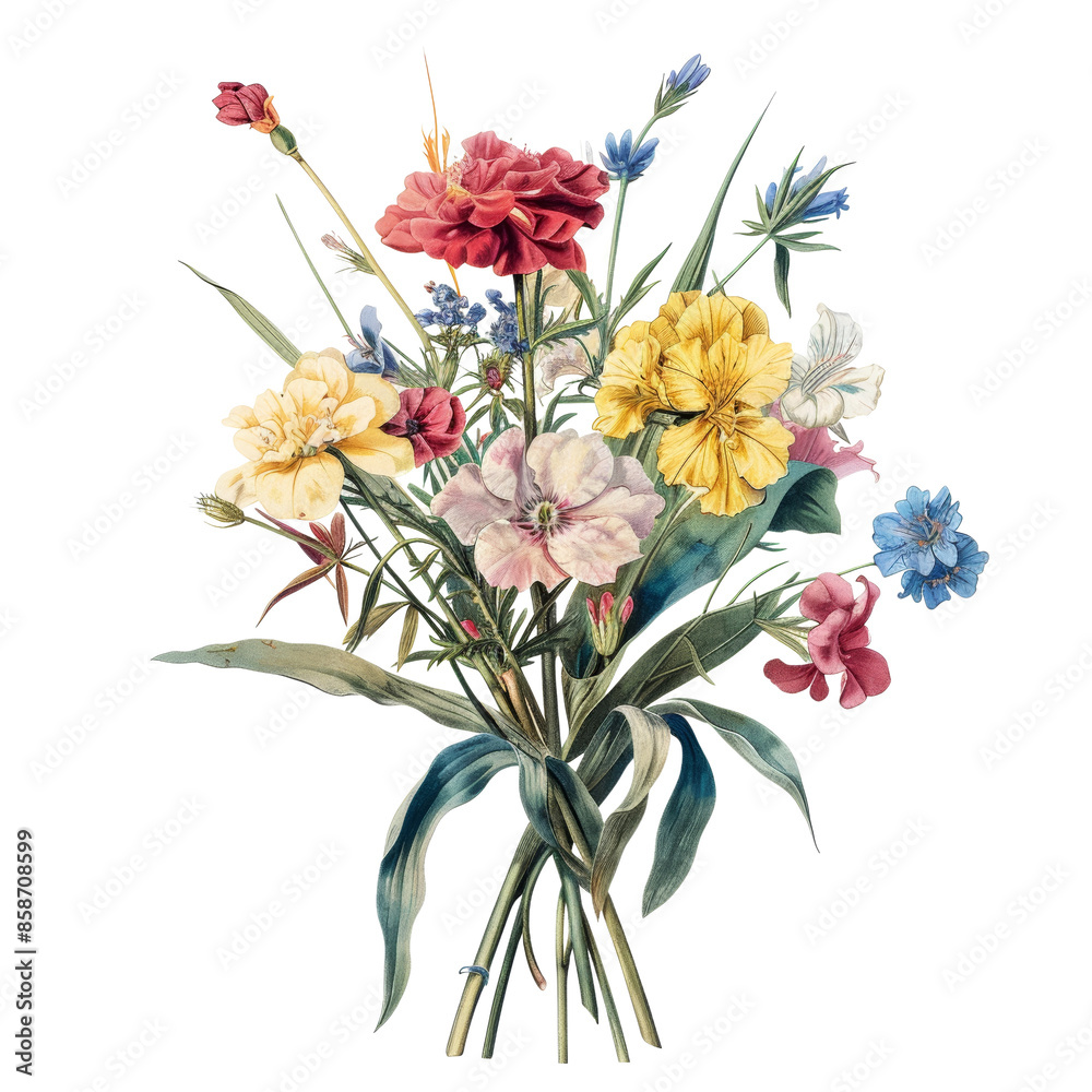 A vibrant bouquet of pink, yellow, and red carnations with blue wildflowers. A vibrant bouquet of pink, yellow, and red carnations with blue wildflowers.