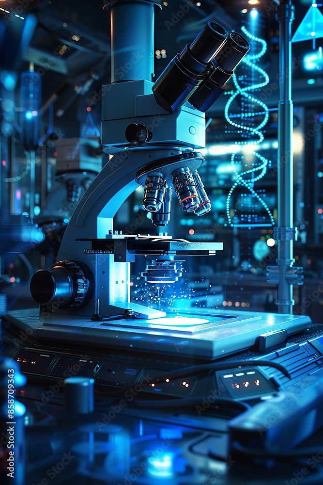 Futuristic Scientific Laboratory with Advanced Microscope and Holographic Data Futuristic Scientific Laboratory with Advanced Microscope and Holographic Data