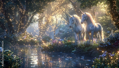 Enchanting Unicorns Frolicking in an Enchanted Forest - Unicorns are beloved mythical creatures often associated with purity, grace, and beauty