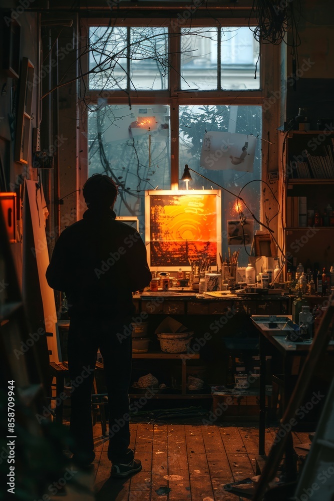 Artist in Dimly Lit Studio Creating Vibrant Sunset Painting by Window