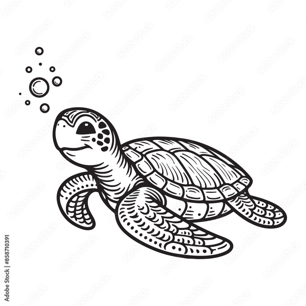 Fototapeta premium Line art of sea turtle swimming cartoon vector
