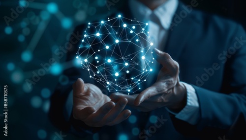 Businessman hand holding algorithm development icons with strong network connections. Fostering the growth of innovation-driven and tech savvy business