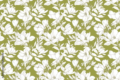 A seamless pattern of white magnolias with green leaves on an olive background, offering a classic tile ornament perfect for timeless decoration and elegant design ideas.