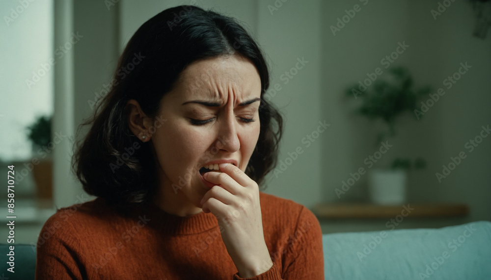 Young woman, age 30, experiencing severe toothache, dental problems, pus, inflammation, needs root canal, operation, in pain and discomfort, seeking dental care. Young woman, age 30, experiencing severe toothache, dental problems, pus, inflammation, needs root canal, operation, in pain and discomfort, seeking dental care.